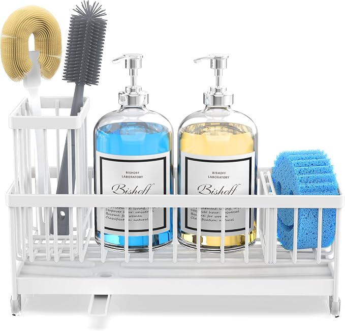 Moforoco Extra Large Kitchen Sink Caddy, Rustproof Sponge Holder for Kitchen with High Brush Holder, Stainless Steel White Kitchen Caddy Countertop Organizer, Sponge Caddy for Kitchen - Image 8