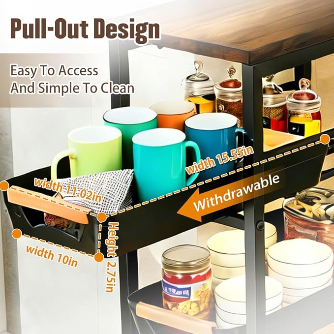 Slim Storage Cart with Wheels Pull-Out 5-Tier Rolling Storage Cart | narrow black 12.6in Wide, Mesh Baskets with Raised Edge, Wood-Grain Top, 360° Lockable Casters, Easy Assembly - Image 3