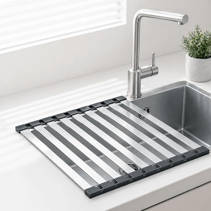 Roll Up Dish Drying Rack Over The Sink, Stainless Steel Collapsible Dish Drainer Rack for Kitchen Sink, Non-Slip Heat Resistant Space Saving Sink Drying Rack, 17.7" x 12.8" by JLPESEAES