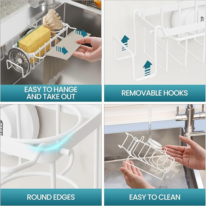 TAILI 4-in-1 Sink Sponge Holder for Kitchen with Strong Suction Cup-White | Removable Sink Caddy with Suction Cup, Rustproof 304 Stainless Steel Multi-compartment Sink Organizer for Sponge, Brushes - Image 5