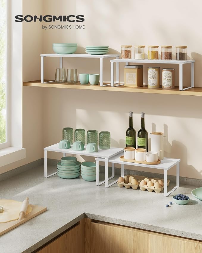 SONGMICS Cabinet Organizer Shelf, Set of 4 Spice Rack, Kitchen Storage | Rounded Wide Mirror with Storage, Cloud White Surface with Cappuccino Beige Lining, AILEAS Collection UJJC046W01S - Image 2