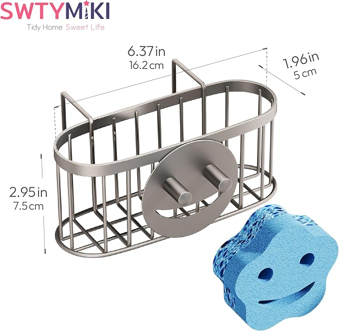 SWTYMIKI Sponge Holder for Kitchen Sink - Movable Sink Caddy with Smiley Face Sponge Holder, Rustproof Hanging Sponge Organizer in Double Bowl Sinks Depth>3.15in, Middle Divider<1.5in, Sand Nickel - Image 7
