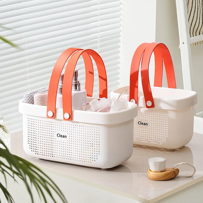 JiatuA Plastic Storage Basket with Handle Portable Shower Caddy Tote Organizer Basket Bin for Bathroom Kitchen Dorm Room Bedroom, White | Sturdy Drainage Large Capacity Organizer Basket with Silicone Handles for Bathroom Kitchen Bedroom College Dorm Es... - Image 7