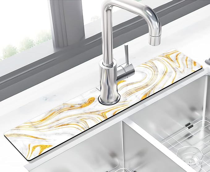 Kitchen Sink Splash Guard Faucet Mat Super Absorbent Fast Drying Mat Sink Gadgets Splash Guard Behind Faucet Drip Catcher for Kitchen (Marbling, 23.5x5.5in) by THIDEAPE