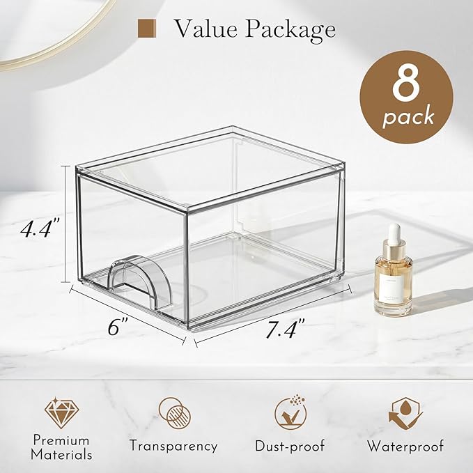 8 Pack Small Clear Stackable Acrylic Storage Boxes & Drawers | Storage Organizer, Clear Plastic Makeup Organizer, Ideal for Vanity, Cabinet, Desk Organization, Art Tool & Sketch - Image 2