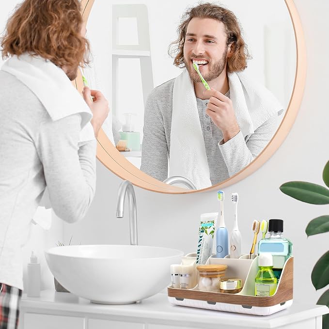 GFWARE Bathroom Countertop Organizer - Detachable 7 Slots Kids Electric Toothbrush and Toothpaste Holde Drainage for Bathroom Accessories Organization Counter Vanity Storage, Woodgrain - Image 2