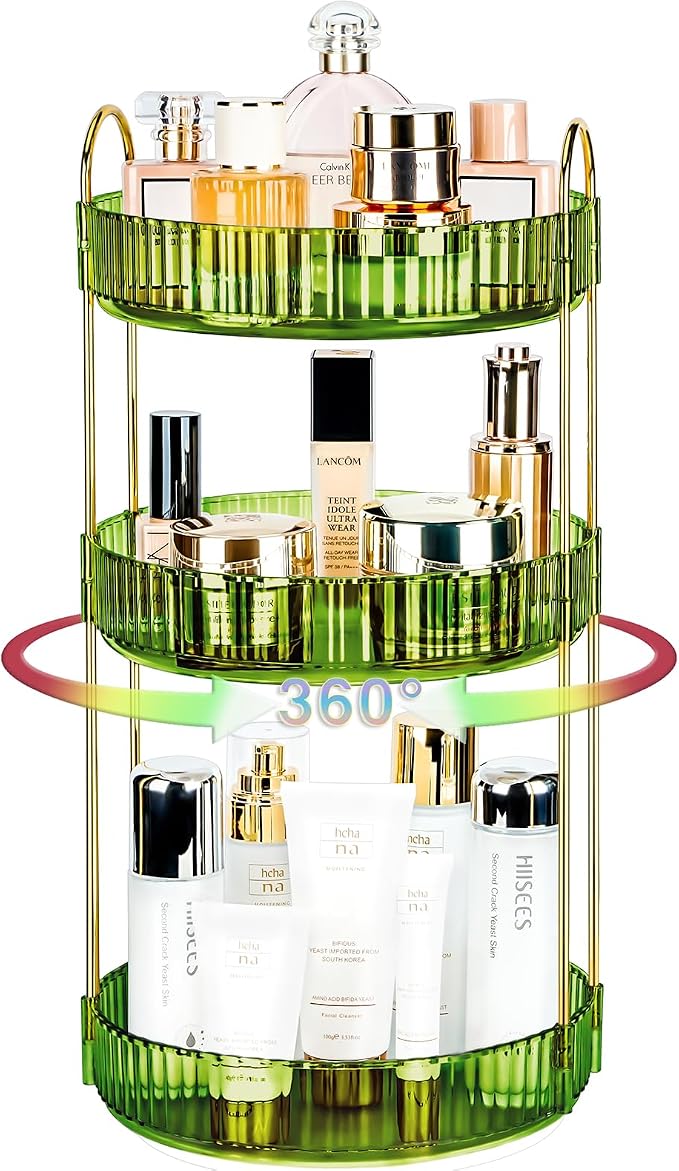 360 Rotating Makeup Organizer - Large Capacity Spinning Perfume & Cosmetic Skincare Holder for Vanity & Countertop (Gem Green, 3 Tier) by Niluks