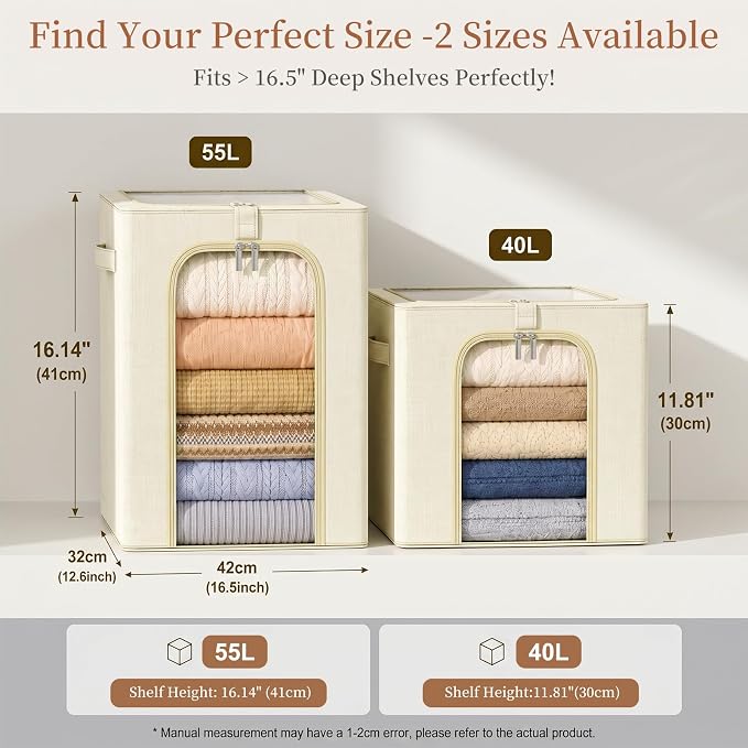 GoMaihe Clothes Storage Bins with Metal Frame for Closet, 40L 4-Pack Beige | Sweaters Hoodies Jeans T-Shirt, Closet Top Shelf Organizer, Collapse-Proof Stackable, Clear Window, Dual Access Space Saving - Image 4