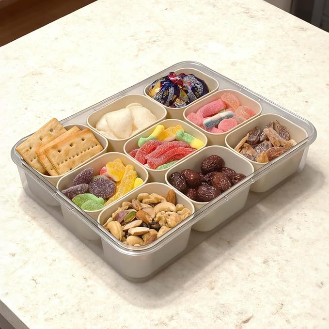 SILIVO Snackle Box Container - 9 Compartment Portable Divided Serving Tray with Lid and Handle,Clear Snack Organizer for Candy, Fruits, Nuts, Snacks - Perfect for Party, Travel and Entertaining - Image 4