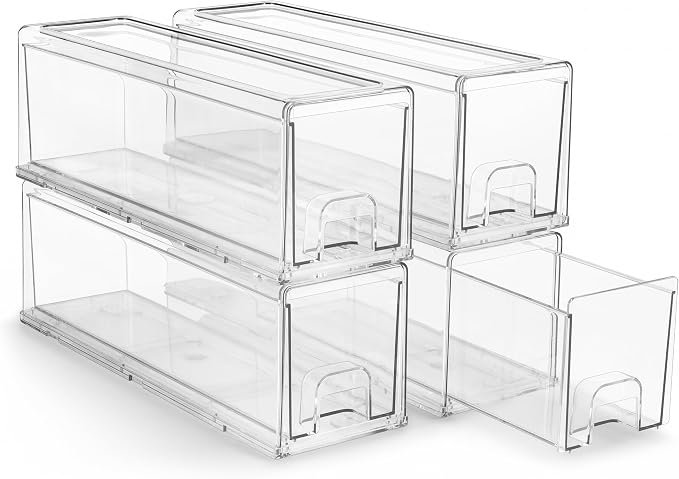 Sorbus Small Clear Stackable Storage Drawers – 4-Pack Plastic Organizer Bins with Handles – Stackable Pull-Out Storage Drawers for Closet, Pantry, Office, Bathroom, Craft, and Toy Organization by Sorbus