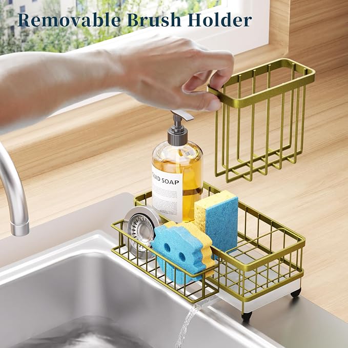 Consumest Sponge Holder for Kitchen Sink - Auto Draining Sink Caddy Organizer with Detachable Rack, High Brush Holder, Kitchen Countertop Storage Accessories, Light Gold - Image 3