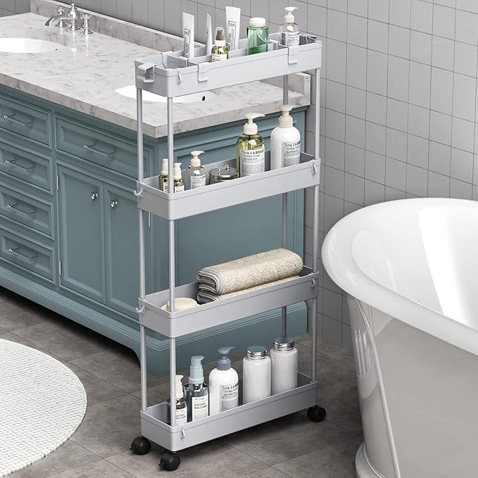 Slim Storage Cart 4 Tier,Bathroom Organizer Rolling Utility,Mobile Shelving Unit Slide Out for Office, Kitchen, Laundry Room & Narrow Places,Gray by Home