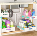 Under Sink Organizer, Extra-Wide Upgrade, 2 Pack 2 Tier Metal Slide Out Cabinet Organizer, Height Adjustable Organization and Storage Series, Bathroom/Cabinet/Kitchen organization, White by Beleeb