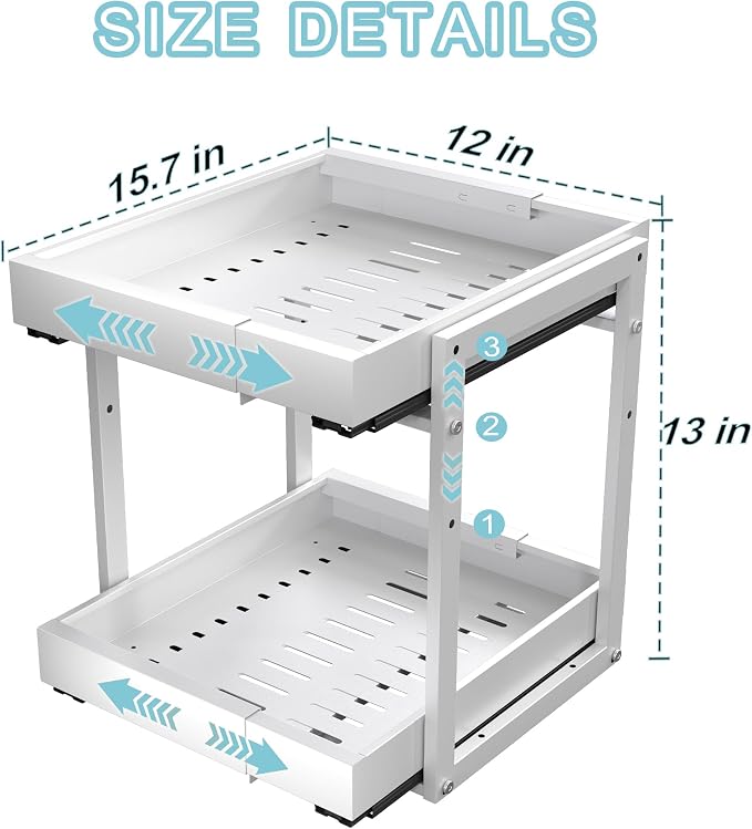 2-Tier Expandable Pull Out Cabinet Organizer, Cabinet Drawers, 16"D | Cabinet Pull Out shelves, Adjustable Pantry Drawers, Slide Out Drawers for Kitchen Cabinets, Under Sink Organizer, White - Image 4