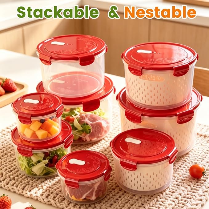 TBMax 8 Pieces Airtight Fruit Storage Containers for Fridge with Air Circulation Vent, 4 Pack Round Produce Saver with Colander for Berry Lettuce Salad Vegetable Storage, Refrigerator Organizers -Red - Image 6