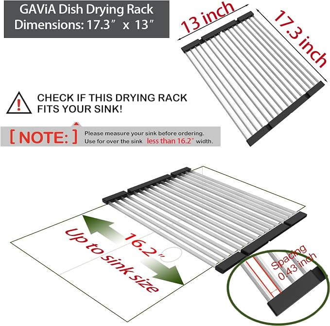 GAViA Roll Up Dish Drying Rack, Foldable Over The Sink Dish Drying Rack | 17.3" x 13", Non-Slip,Heat-Resistant, Anti-Rust,Stainless Steel Sink Drying Mat,Dish Drainer,Sink Cover, All-in-one, Black - Image 2