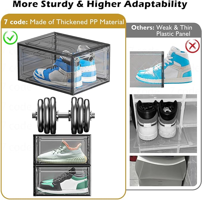 Sturdy Clear Shoe Organizer with Magnetic Door, Stackable Shoe Storage Box | Thick Plastic Shoe Storage for Sneakers & Boots, Collapsible Closet Shoe Rack and Clear Shoe Box, 6 Pack Black - Image 5