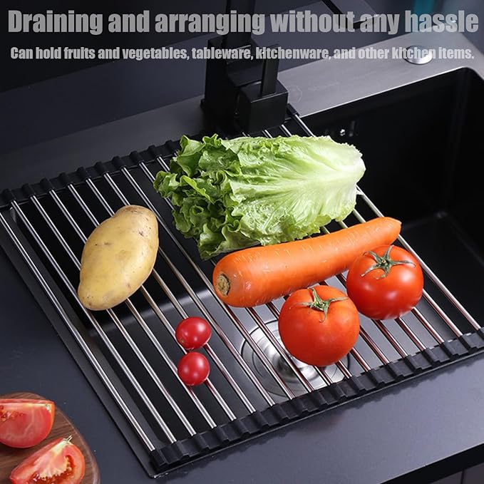 Roll-Up Sink Drying Rack 17.7"(L) x 13.8"(W) - Multipurpose Heat Resistant Over The Stainless Steel & Silicone Dish Rollable Kitchen Drainer, Black - Image 4