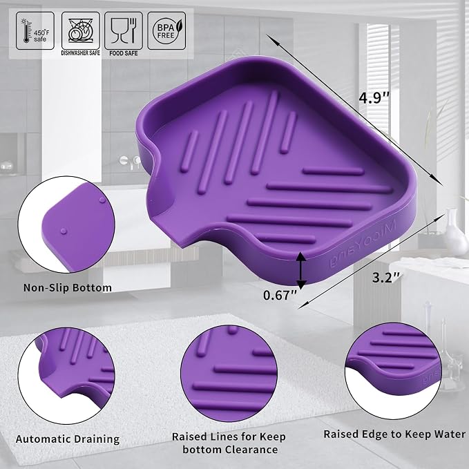 MicoYang Silicone Soap Dish with Drain Spout, Self-Draining Sink Organizer Tray for Bathroom and Kitchen, Sponges, Dispensers and Soap Holder, Non-Slip and Dishwasher Safe, Purple (Compact, 4.9"×3.2") - Image 2