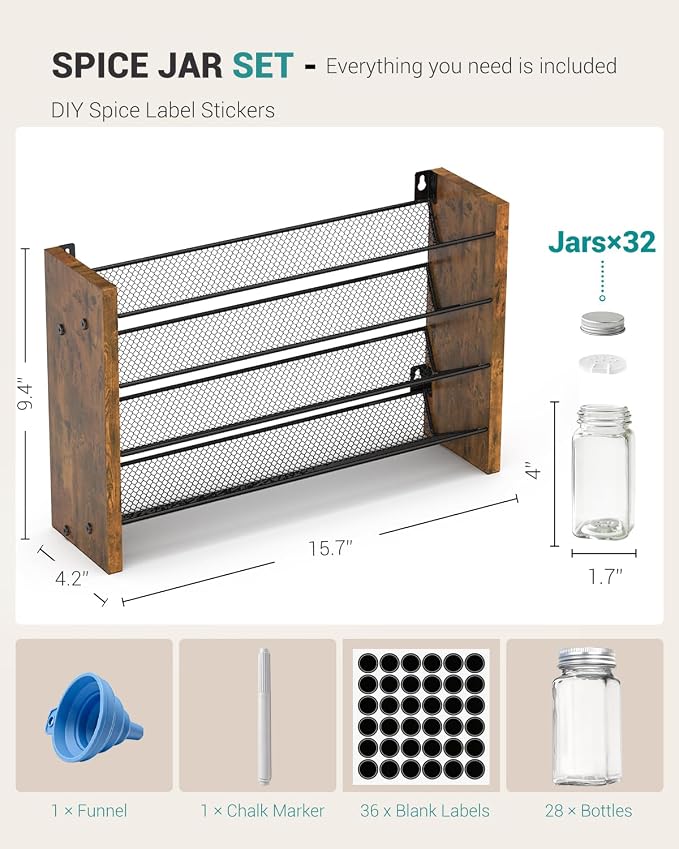 Spice Rack Organizer with 32 Glass Jars, for Cabinet Wall Mount Countertop | 4-Tier Seasoning Organizer with Labels, Chalk Marker & Funnel for Pantry, Kitchen Storage, Wood, 15.7 in W x 9.4 in H - Image 2