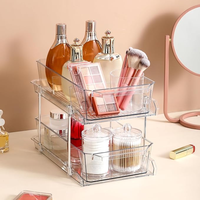 2 Tier Clear Organizer with Dividers for Cabinet, Shlef, Counter - MultiUse Slide-Out Storage Container - Kitchen, Pantry, Medicine Cupboard Bins, Bathroom, Vanity Makeup, Under Sink Organizing - Image 8