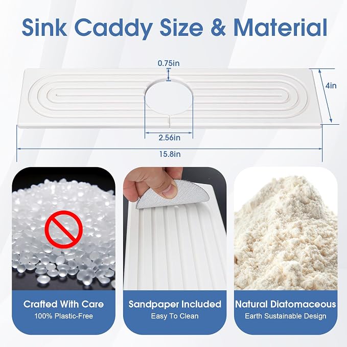 Kitchen Sink Faucet Mat, Water Absorbent Diatomite Stone Sink Tray, Diatomite Fast-Drying Faucet Mat, Prevents Moisture Buildup, Durable Protector for Bathroom Counter, White, 15.8" x 4" - Image 3