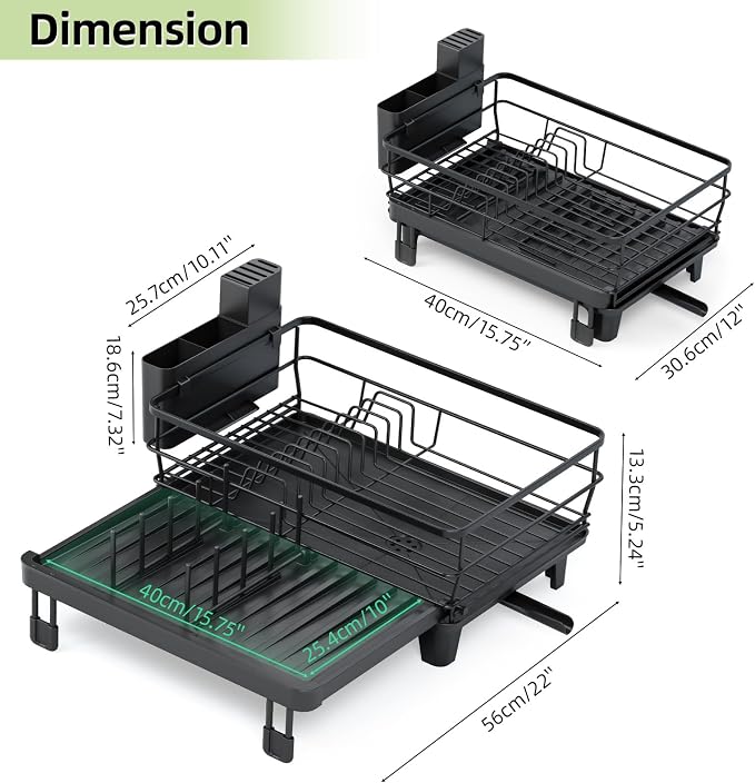 TOOLF Expandable Dish Drying Rack for Kitchen Counter, Black | Extendable 12"-22"W, Fast Draining, Large Capacity, Fits Large Plates, Utensil Holder, 3-4 People Family - Image 2