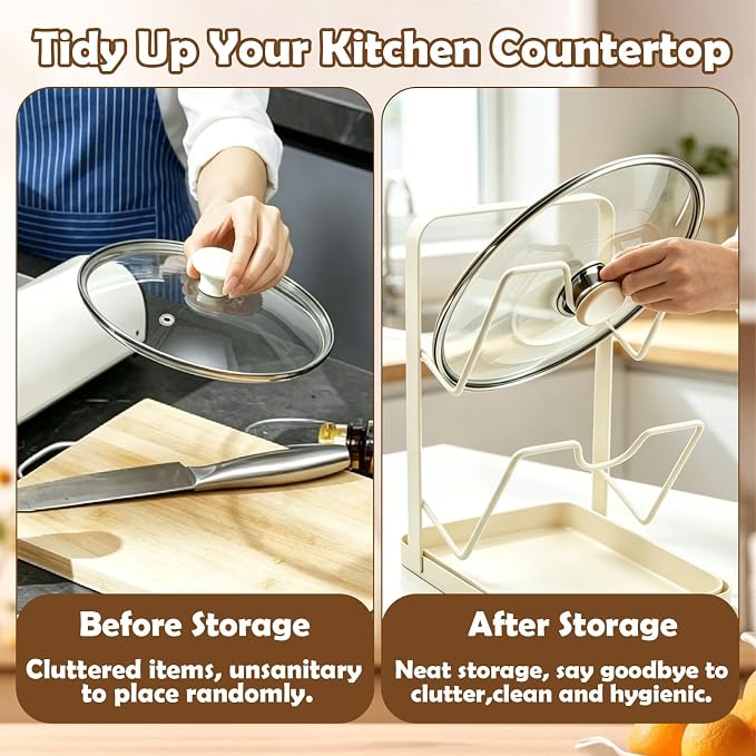 BEEFLYING Pot Lid Holder Organizer for Countertop with Tray, Almond | Holds 2 Pot Lids, 7.17*5.39*8.86In, Carbon Steel for Cooking Stove Top Kitchen Counter Cabinet Blanched - Image 5