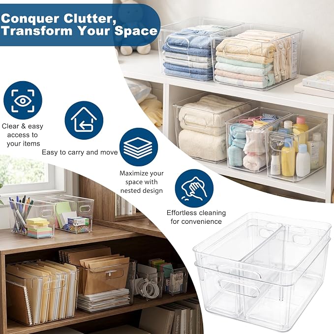 MOONEDGE 10 Pack Clear Plastic Storage Organizer Bins, 4 Large & 6 Narrow | Under-Sink Storage Containers, Kitchen, Pantry, Bathroom, Cabinet Organization, Clear Bins for Organizing, Deep Narrow Bins - Image 5