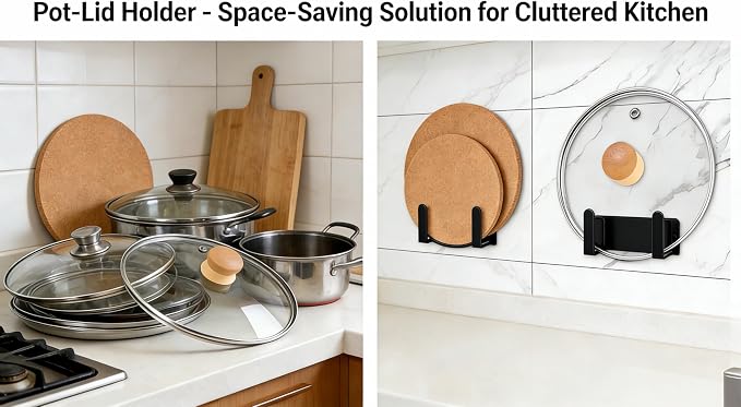2 Pack Black Stainless Steel Wall Mounted Cutting Board Holder, Punch-Free Adhesive Pot Lid Organizer, Multifunctional Kitchen Storage Rack, Rustproof Heavy Duty - Image 5