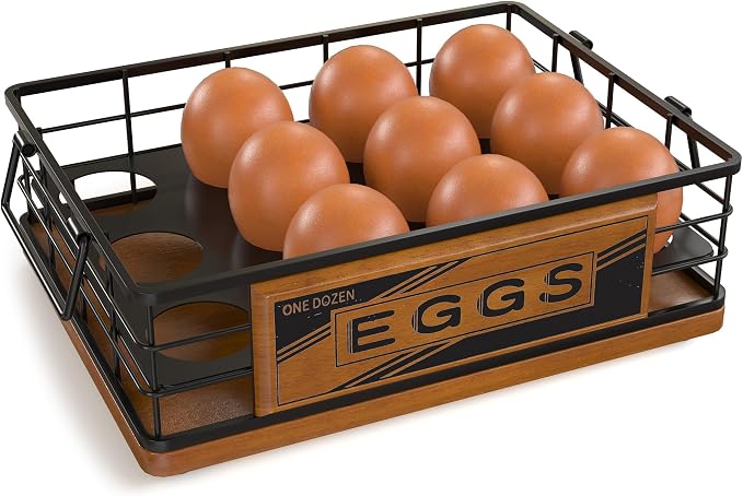 Farmhouse Egg Holder Countertop, Oak Wood & Metal Egg Basket with Handles | Stackable Rustic Egg Tray Organizer for Kitchen Counter, Holds 12 Eggs, Removable Divider for Fresh Egg Storage, Walnut by JNFUZ