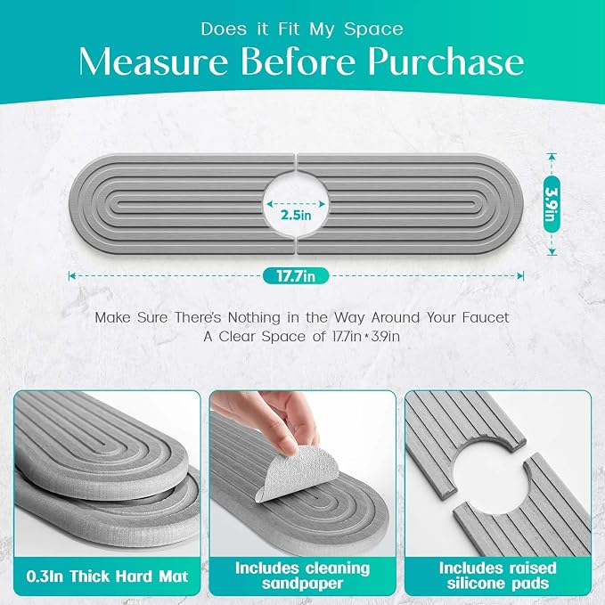 Stone Faucet Mat for Kitchen Sink – Diatomite Fast-Drying Stone Tray, Faucet Mat Sink Splash Guard, Decorative Sink Protector for Kitchen Bathroom Counter [Gray, 17.7''x3.9''] - Image 4