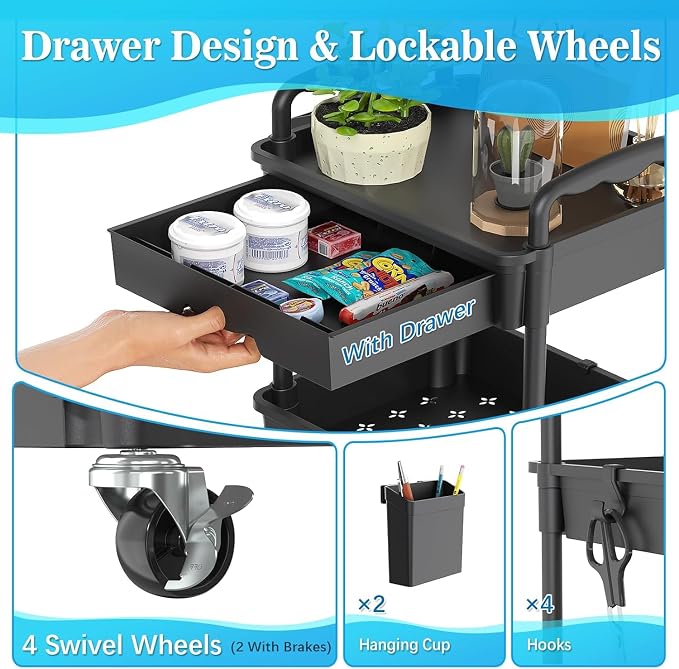 SUNALLY 3 Tier Rolling Cart with Drawer, Craft Storage Cart Organizer,Black | Bathroom Storage Organizer with 2 Lockable Wheels, Rolling Utility Cart for Kitchen, Office, Baby, Makeup, Nail,Snack,Laundry - Image 3