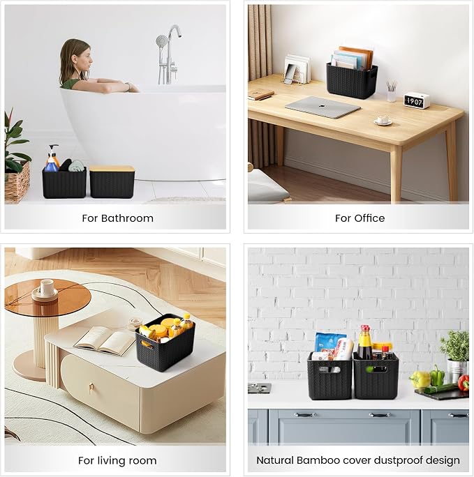 Ohmlove 4 Pack Storage Bins with Bamboo Lids,Stackable Box for Organization | Plastic Storage Containers with Handle, Storages Baskets for Organizing Desktop Closet Playroom Classroom Office, Black - Image 7