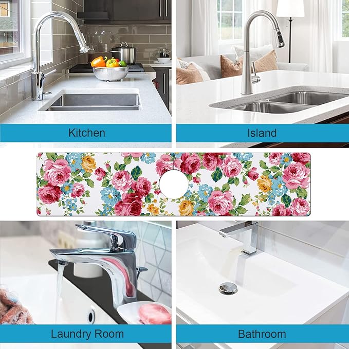 Kitchen Sink Splash Guard Faucet Mat Super Absorbent Fast Drying Mat Sink Gadgets Splash Guard Behind Faucet Drip Catcher for Kitchen (Pink Red Roses Floral, 23.5x5.5in) - Image 4