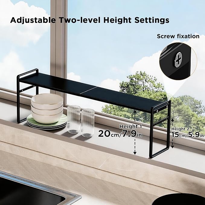2 Tier Expandable Stackable Narrow Shelf Organizer, Black | Tall Countertop Organizer for Tight Spaces, Windowsill Plant Stand, Over-Sink/Faucet Shelf, Kitchen Counter Storage - Image 5