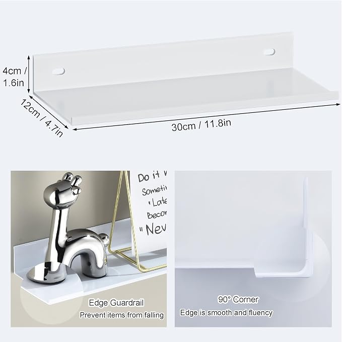 HNVNER Adhesive Bathroom Shelves 2 Pack, Metal Floating Wall Shelf, 30cm | White Shower Caddy, Wall Storage Decoration, Supports 5kg, Screw/No Drilling, Renter-friendly, Rustproof & Waterproof - Image 3