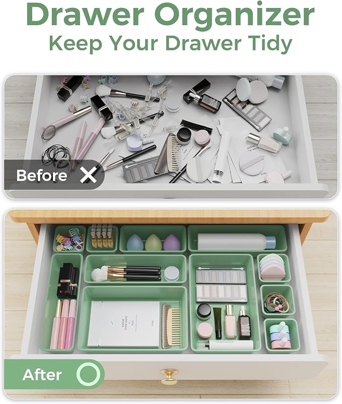 BiuLeon 25 PCS Plastic Drawer Organizers Set, 4-Sizes Vanity and Makeup Organizer, Desk and bathroom Drawer Organizer Trays, Organizers and Storage for Makeup, Jewelry, Gadgets, Utensils (Green) - Image 4