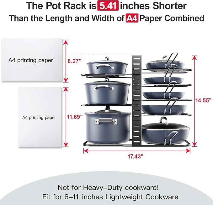 Pots and Pans Organizer Under Cabinet 14.6", 8-Tier Adjustable Rack | 3 DIY Modes, Tool-Free Assembly, Fits 6–11" Lightweight Cookware, For Kitchen Cabinets, Shelves & Countertops Pot Organizer - Image 2
