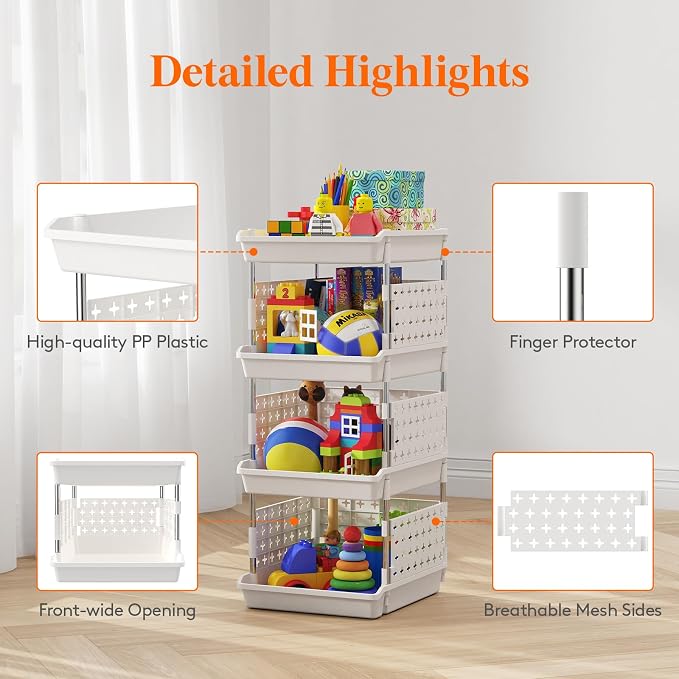 Lifewit 4 Tier Plastic Stackable Storage Baskets for Clothes 2 Pack, White | Stacking Bins for Food, Multifunctional Organizer for RV, Kitchen, Playroom, Pantry and Bathroom - Image 6
