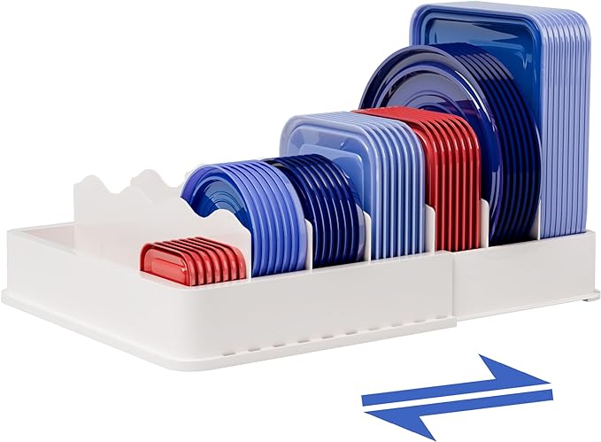 SWOMMOLY Expandable Food Container Lid Organizer for Kitchen Cabinet | Expands 9.8" to 17.3", Lid Holder with 6 Adjustable Dividers, 30 Writable Labels for Cabinets, Drawers and Pantry Storage by SWOMMOLY