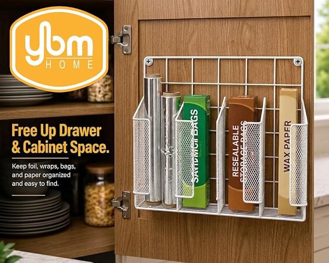 YBM HOME 4-Compartment Wall Mount Kitchen Storage Organizer Holder Basket Pantry Caddy Wrap Rack for Aluminum Foil, Sandwich Bags - White 2232 - Image 4