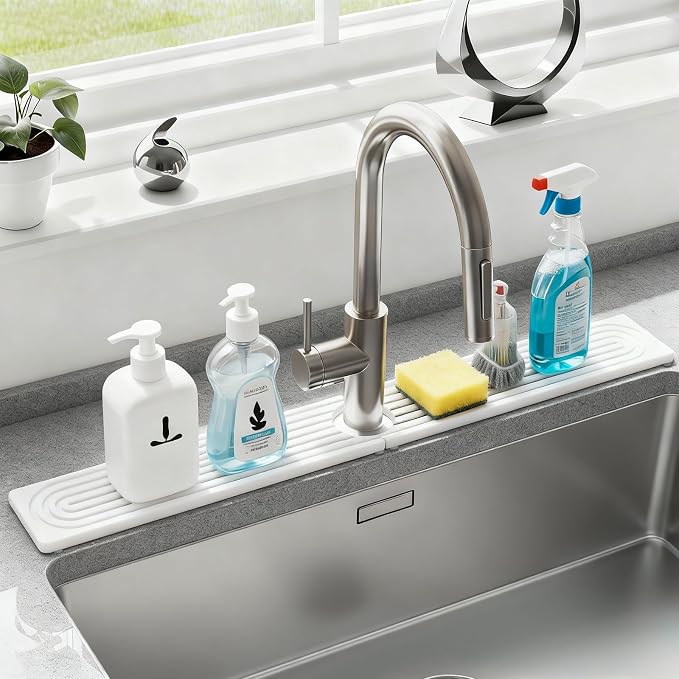 Faucet Mat for Kitchen Sink, Diatomite Drying Stone Mat Sink Protector, Faucet Splash Guard for Bathroom Counter for Bathroom, Laundry, Bar, White, 23.6" x 4" by NSVNSV
