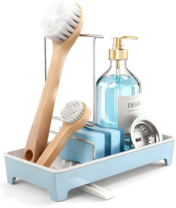 Minimalist Sink Caddy, Rustproof Sponge Holder for Kitchen Sink Blue | Large Rustproof countertop organizer with 304 stainless steel brush holder, raised ridges and silicone drain tube - Image 2