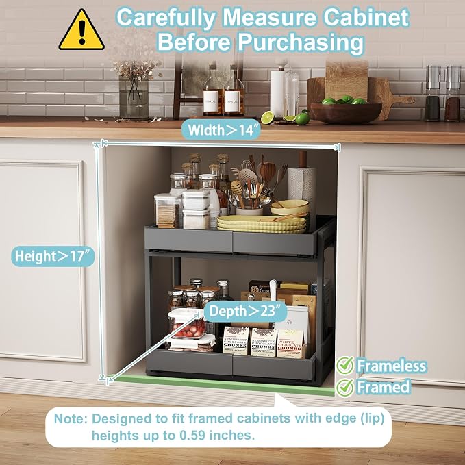 2-Tier Expandable Pull Out Cabinet Organizer, Cabinet Drawers, 21"D | Cabinet Pull Out shelves, Adjustable Pantry Drawers, Slide Out Drawers for Kitchen Cabinets, Under Sink Organizer,Large Black - Image 5