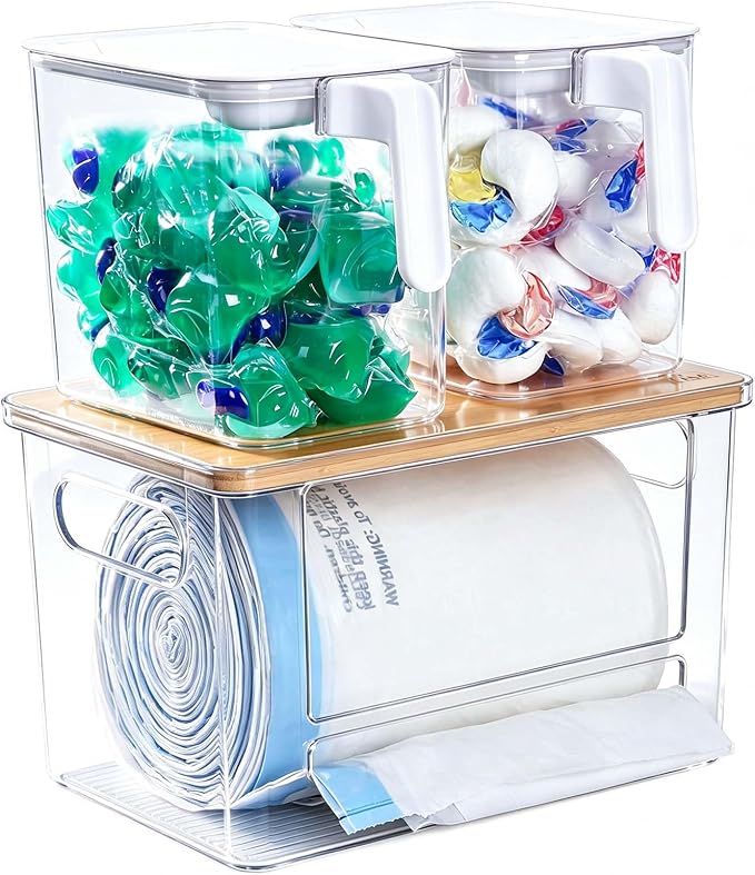 iCASA 3 in 1 Trash Bag and Dishwasher Pod Organizer Garbage Bags Dispenser | Large Acrylic Trash Bag Holder with Bamboo Lid, with 2 Pack Laundry Detergent Pods Container, Under Kitchen Sink Organizer by iCASA