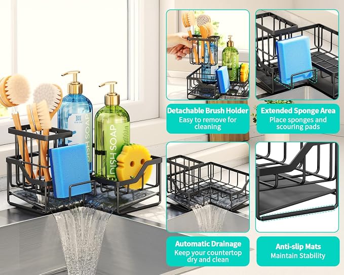 HapiRm Sponge Holder for Kitchen Sink - Rustproof L-Shaped Sink Caddy | Stainless Steel Kitchen Organizer for Sink Corner, Self-Draining 3-in-1 Dish Brush and Sponge Storage, Space-Saving - Black - Image 3