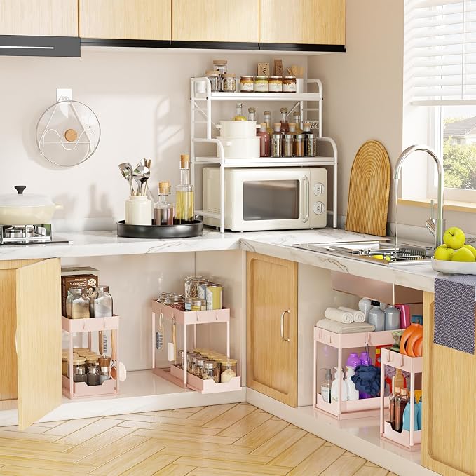 Simple Trending Under Sink Organizer 2 Pack, with Sliding Drawer, Pink | 2-Tier Multi-Use Under Shelf Organizer with Hooks, Sink Pull-Out Sliding Storage Cabinet for Kitchen Bathroom, Easy Assembly - Image 6