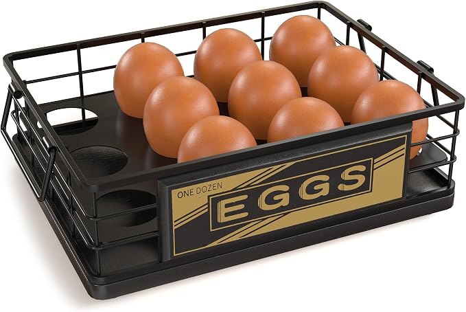 Farmhouse Egg Holder Countertop, Oak Wood & Metal Egg Basket with Handles | Stackable Rustic Egg Tray Organizer for Kitchen Counter, Holds 12 Eggs, Removable Divider for Fresh Egg Storage, Black by JNFUZ