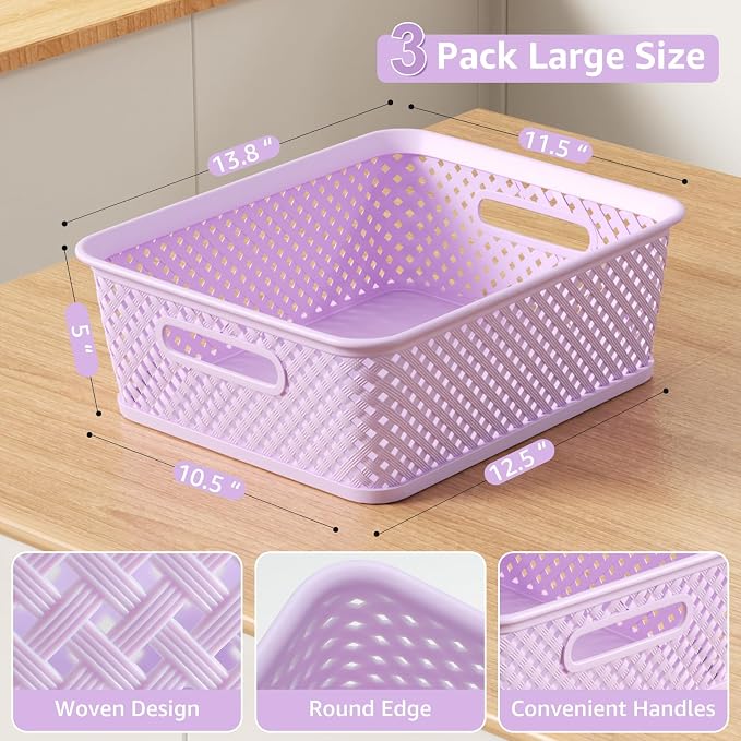 MaxGear 3 Pack Plastic Storage Baskets, Large, Purple | Durable Woven Plastic with Built-In Handles, Suitable for Shelves, Closets, Cabinets, Bathrooms and Offices - Image 6